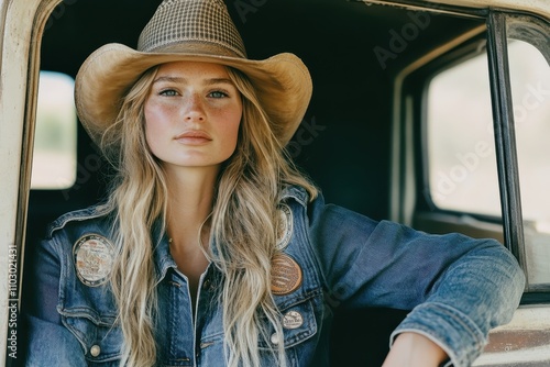Modern cowgirl in denim jacket and hat relaxing in rustic vehicle