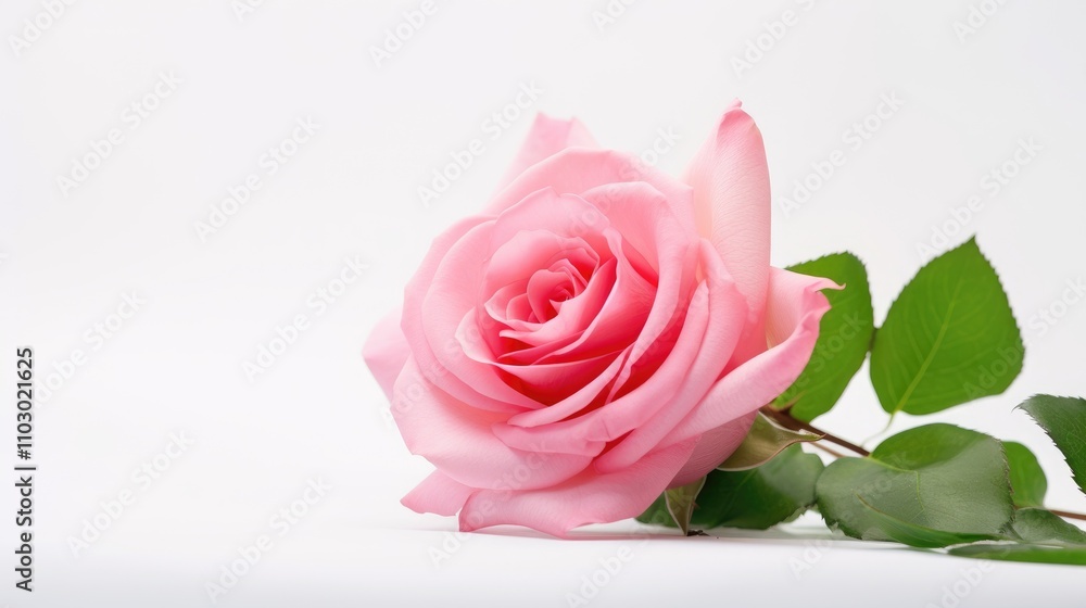 Stunning close up of a pink rose with green leaves on a white background ideal for wedding themes and floral design concepts Stunning close up of a pink rose with green leaves on a white background ideal for wedding themes and floral design concepts