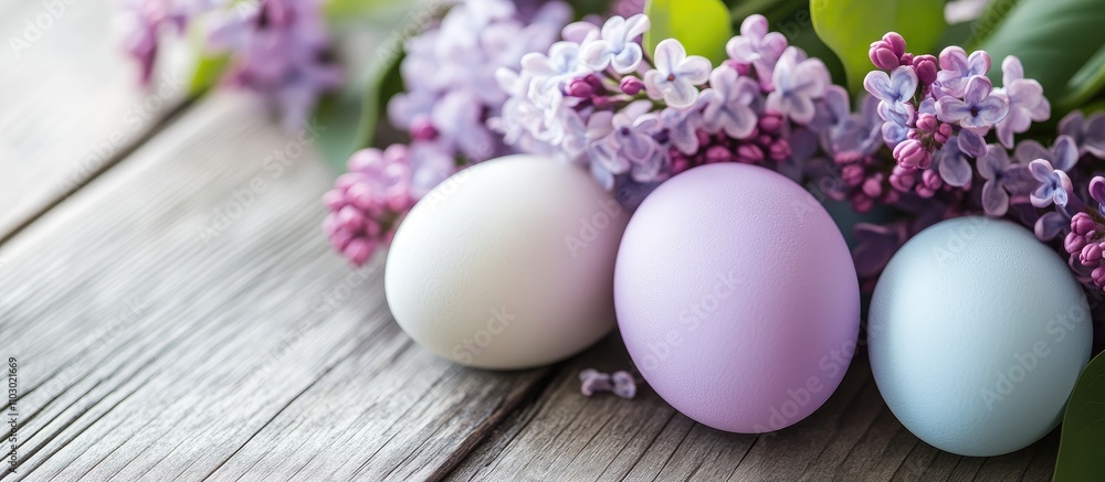 Easter eggs surrounded by fresh lilac flowers on a rustic wooden surface creating a vibrant spring atmosphere Easter eggs surrounded by fresh lilac flowers on a rustic wooden surface creating a vibrant spring atmosphere