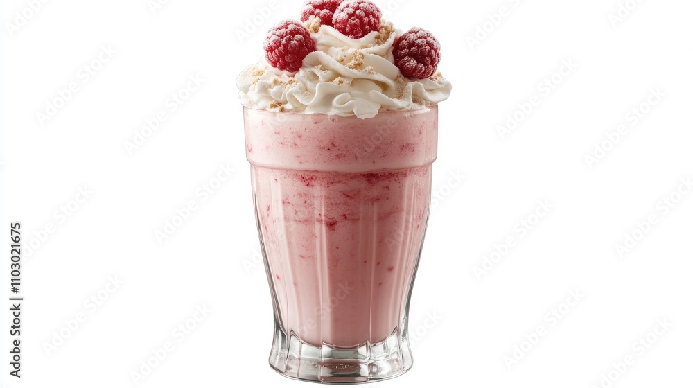 Delicious pink milkshake adorned with fresh raspberries and whipped cream, served in a classic glass against a pristine white background. Delicious pink milkshake adorned with fresh raspberries and whipped cream, served in a classic glass against a pristine white background.