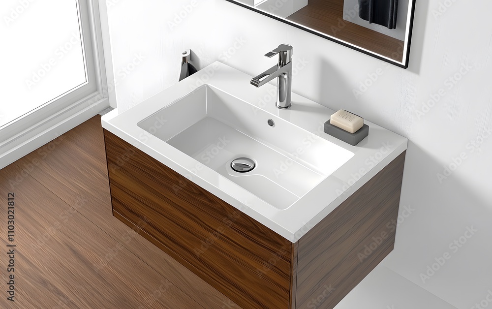 Modern bathroom sink with wooden cabinetry and minimalist design. Modern bathroom sink with wooden cabinetry and minimalist design.
