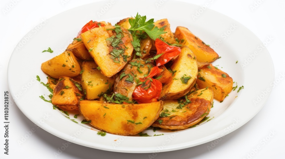 Fried potatoes with tomato and parsley beautifully arranged on a white plate creating an appetizing and vibrant food presentation. Fried potatoes with tomato and parsley beautifully arranged on a white plate creating an appetizing and vibrant food presentation.