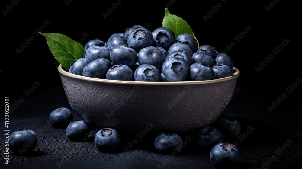 Bowl overflowing with fresh ripe blueberries elegantly displayed on a dark background with lush green leaves accentuating the scene Bowl overflowing with fresh ripe blueberries elegantly displayed on a dark background with lush green leaves accentuating the scene