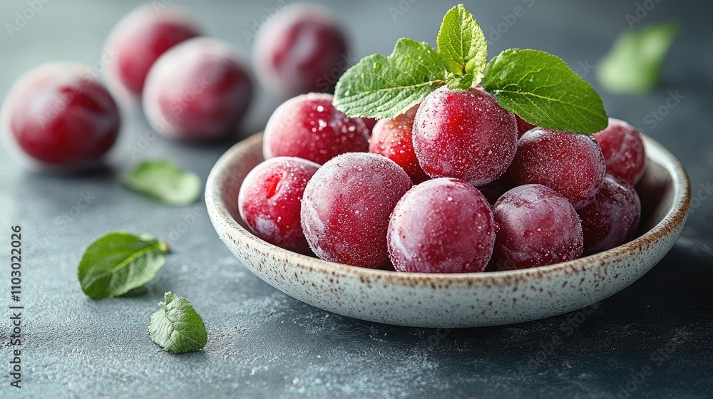 Fresh plums arranged in a bowl with mint leaves on a textured surface highlighting vibrant fruit against a subtle backdrop Fresh plums arranged in a bowl with mint leaves on a textured surface highlighting vibrant fruit against a subtle backdrop