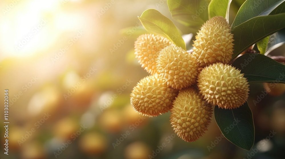 Developing durian fruits clustered on tree branches in a sunlit orchard showcasing vibrant greenery and rich agricultural life Developing durian fruits clustered on tree branches in a sunlit orchard showcasing vibrant greenery and rich agricultural life