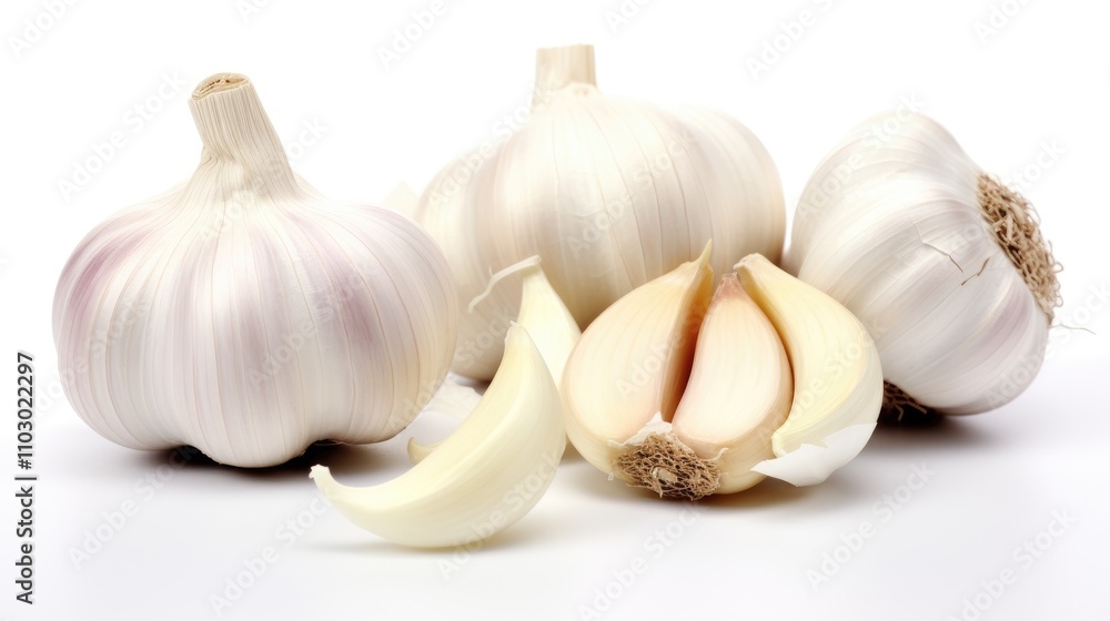 Fresh garlic bulbs and cloves on a white background showcasing their natural texture and aroma ideal for culinary and herbal use. Fresh garlic bulbs and cloves on a white background showcasing their natural texture and aroma ideal for culinary and herbal use.
