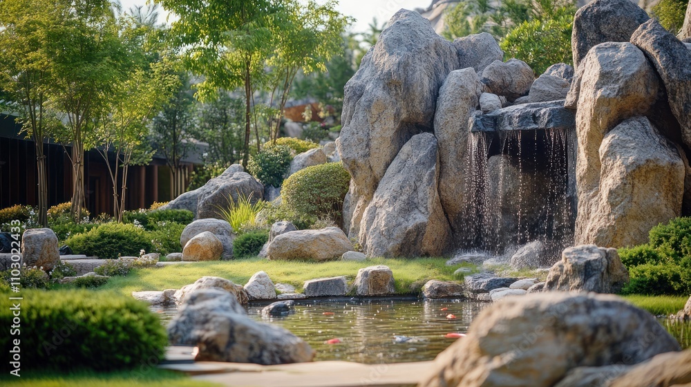 Serene Garden Waterfall Pond Koi Fish Landscape Serene Garden Waterfall Pond Koi Fish Landscape
