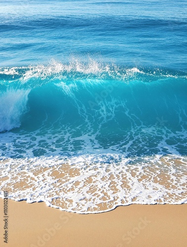 Large blue ocean wave crashes on fine sandy beach, intense water movement, powerful waves