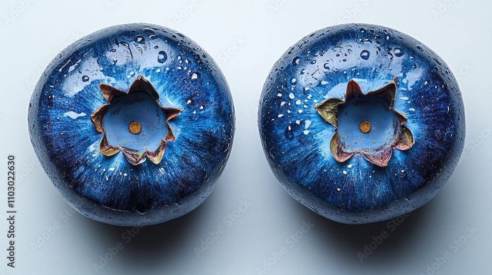 Close-up of two ripe blue grape berries with droplets on a white background showcasing their natural texture and vibrant color. Close-up of two ripe blue grape berries with droplets on a white background showcasing their natural texture and vibrant color.