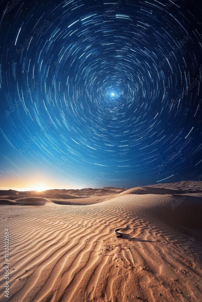 Naklejka premium Cobra slithers under moonlit sands desert landscape star trails and blue skies nighttime serenity