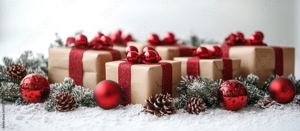 Festive red presents adorned with bows and ornaments arranged on a snowy surface with pine cones and evergreen branches Festive red presents adorned with bows and ornaments arranged on a snowy surface with pine cones and evergreen branches