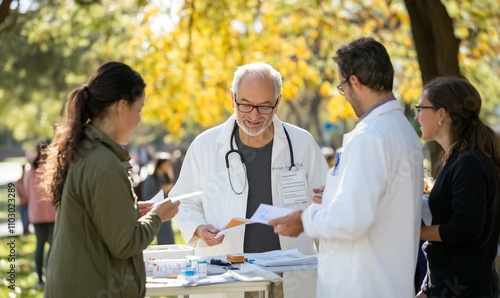 Doctors consulting patients outdoors, park setting.