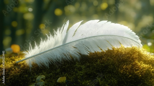 White feather resting gently on lush moss in a serene forest setting illuminated by soft natural light photo