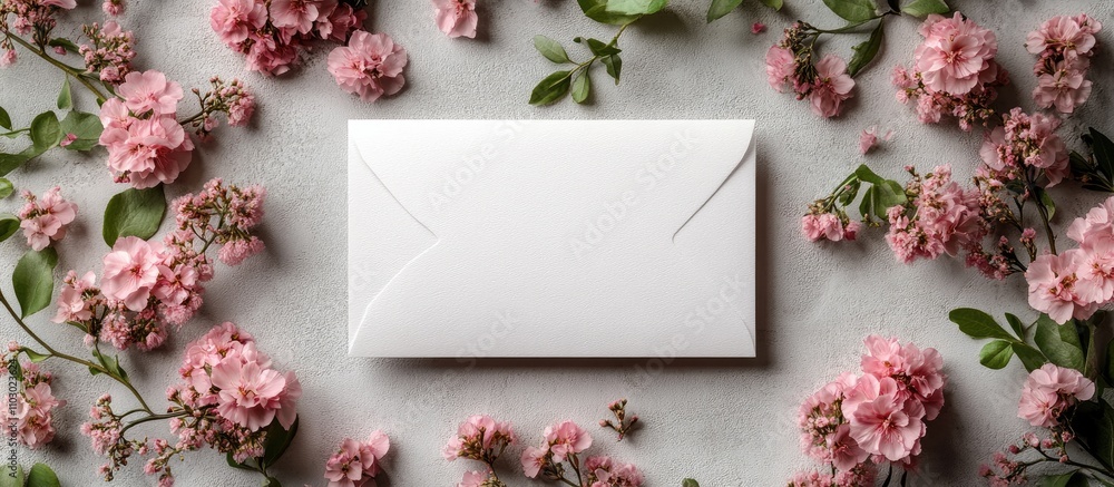 Elegant blank card and envelope surrounded by pink flowers on neutral backdrop for minimalist invitation or greeting card design template. Elegant blank card and envelope surrounded by pink flowers on neutral backdrop for minimalist invitation or greeting card design template.