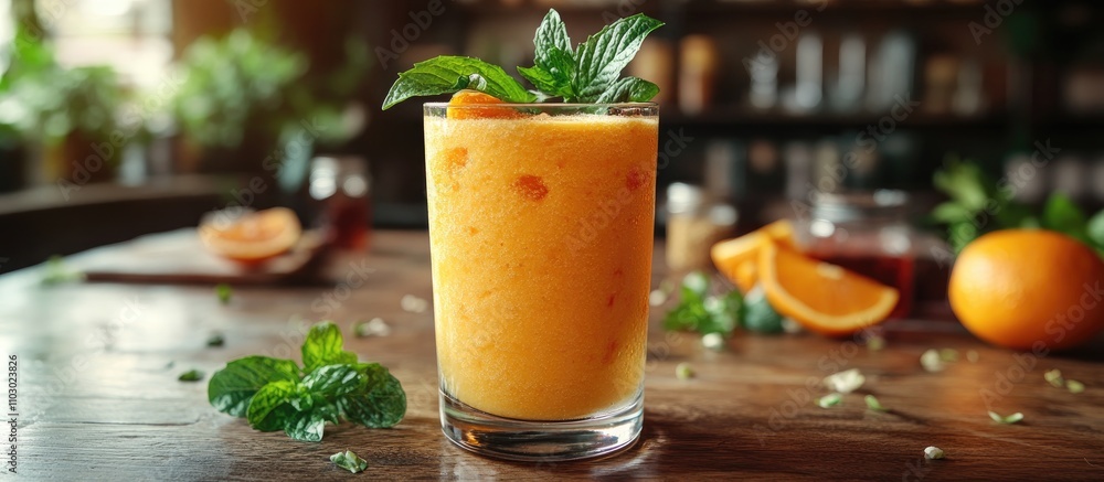 Refreshing orange smoothie garnished with mint served in a cafe setting promoting healthy eating and vibrant lifestyle choices. Refreshing orange smoothie garnished with mint served in a cafe setting promoting healthy eating and vibrant lifestyle choices.