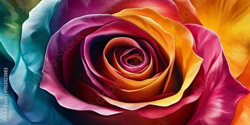 Vibrant rainbow rose flower showcases exquisite multicoloured petals, earning the delightful nickname of happy flower, perfect for adding joy and color to any floral collection. photo