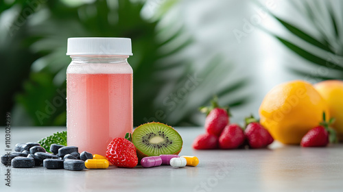 Refreshing sports drink mixed with energy supplements, featuring strawberries, kiwi, and lemon. vibrant display of health and vitality