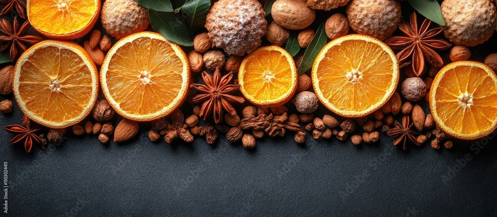 Decorative gingerbread and dried citrus fruits arranged on dark concrete surface creating inviting holiday atmosphere with copy space Decorative gingerbread and dried citrus fruits arranged on dark concrete surface creating inviting holiday atmosphere with copy space