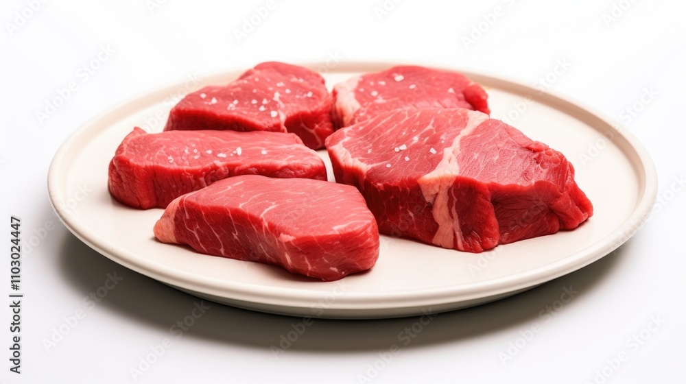 Raw beef fillet medallions arranged on a neutral-colored plate showcasing fresh red meat against a clean white background Raw beef fillet medallions arranged on a neutral-colored plate showcasing fresh red meat against a clean white background