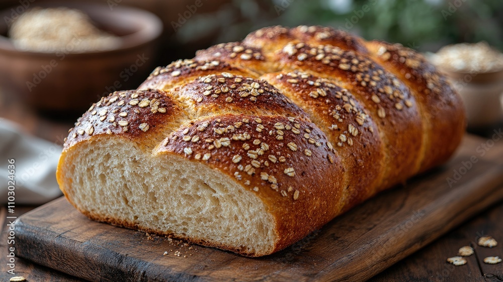 Freshly baked oatmeal bread with golden crust and oat toppings on a rustic wooden table highlighting traditional baking craftsmanship Freshly baked oatmeal bread with golden crust and oat toppings on a rustic wooden table highlighting traditional baking craftsmanship