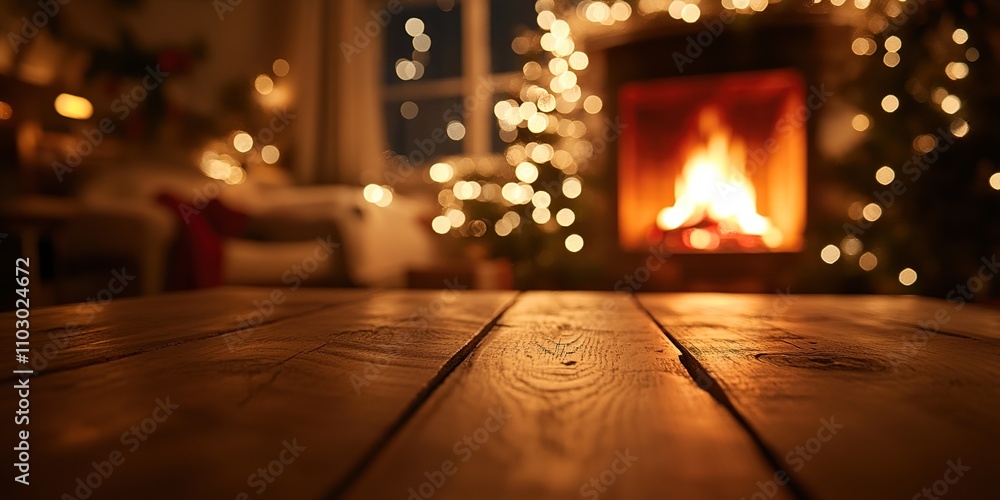 Wooden table with Christmas bokeh lights and fireplace in the background Wooden table with Christmas bokeh lights and fireplace in the background