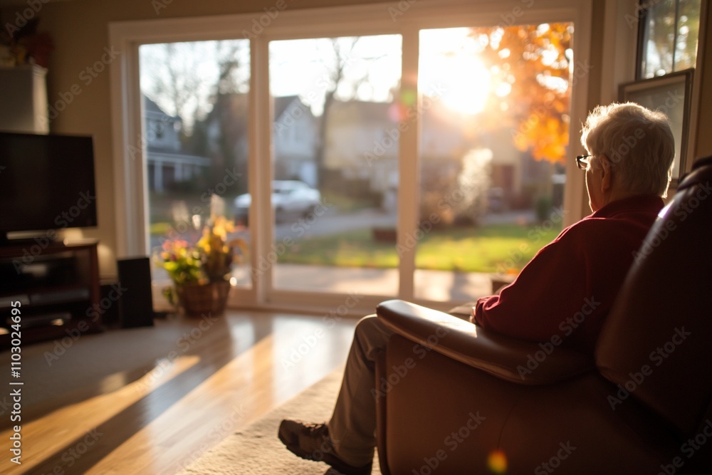 Elderly man relaxing in recliner, sunset view. Elderly man relaxing in recliner, sunset view.