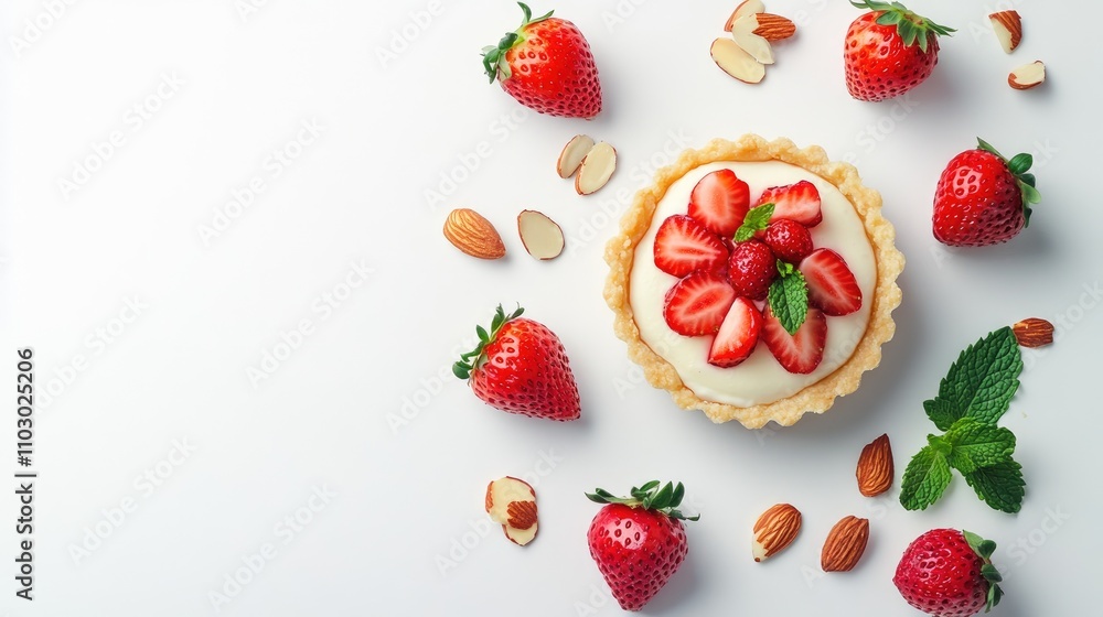 Mini strawberry cake tartlet with vanilla custard, almond flakes, fresh strawberries, and mint leaves arranged on a white background. Mini strawberry cake tartlet with vanilla custard, almond flakes, fresh strawberries, and mint leaves arranged on a white background.