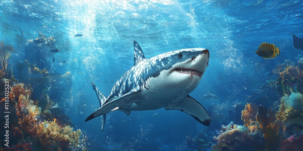 Naklejka premium Underwater encounter with a Great White Shark, showcasing the majestic beauty and power of the Great White Shark in its natural habitat, highlighting the stunning underwater world.