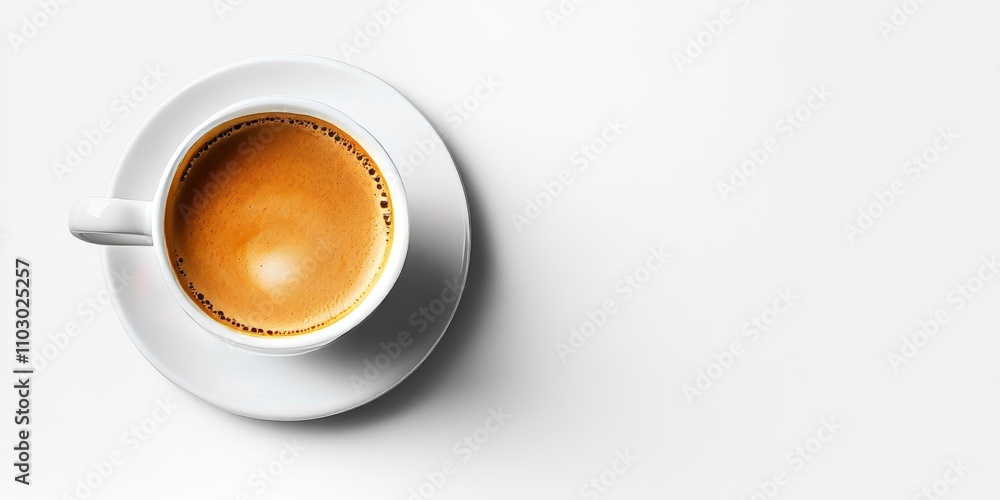 Isolated on a white background, this top view showcases a white cup of coffee accompanied by a saucer, perfect for highlighting the essence of coffee in various contexts. Isolated on a white background, this top view showcases a white cup of coffee accompanied by a saucer, perfect for highlighting the essence of coffee in various contexts.