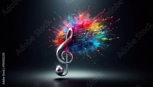 Silver Treble Clef With Vibrant Color Explosion On Dark Background  
 photo