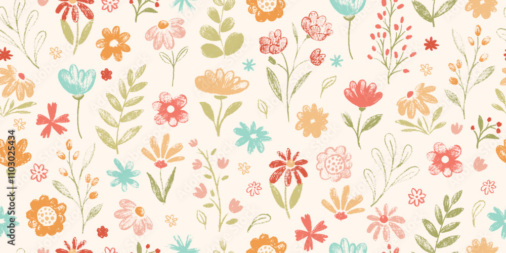 Seamless pattern with flowers. Cute floral simple doodle botanical art. Flowers, leaves, greenery kid style drawings. Crayon pencil vector. Spring, summer childish blosooms. Endlesss, repeat wallpaper Seamless pattern with flowers. Cute floral simple doodle botanical art. Flowers, leaves, greenery kid style drawings. Crayon pencil vector. Spring, summer childish blosooms. Endlesss, repeat wallpaper