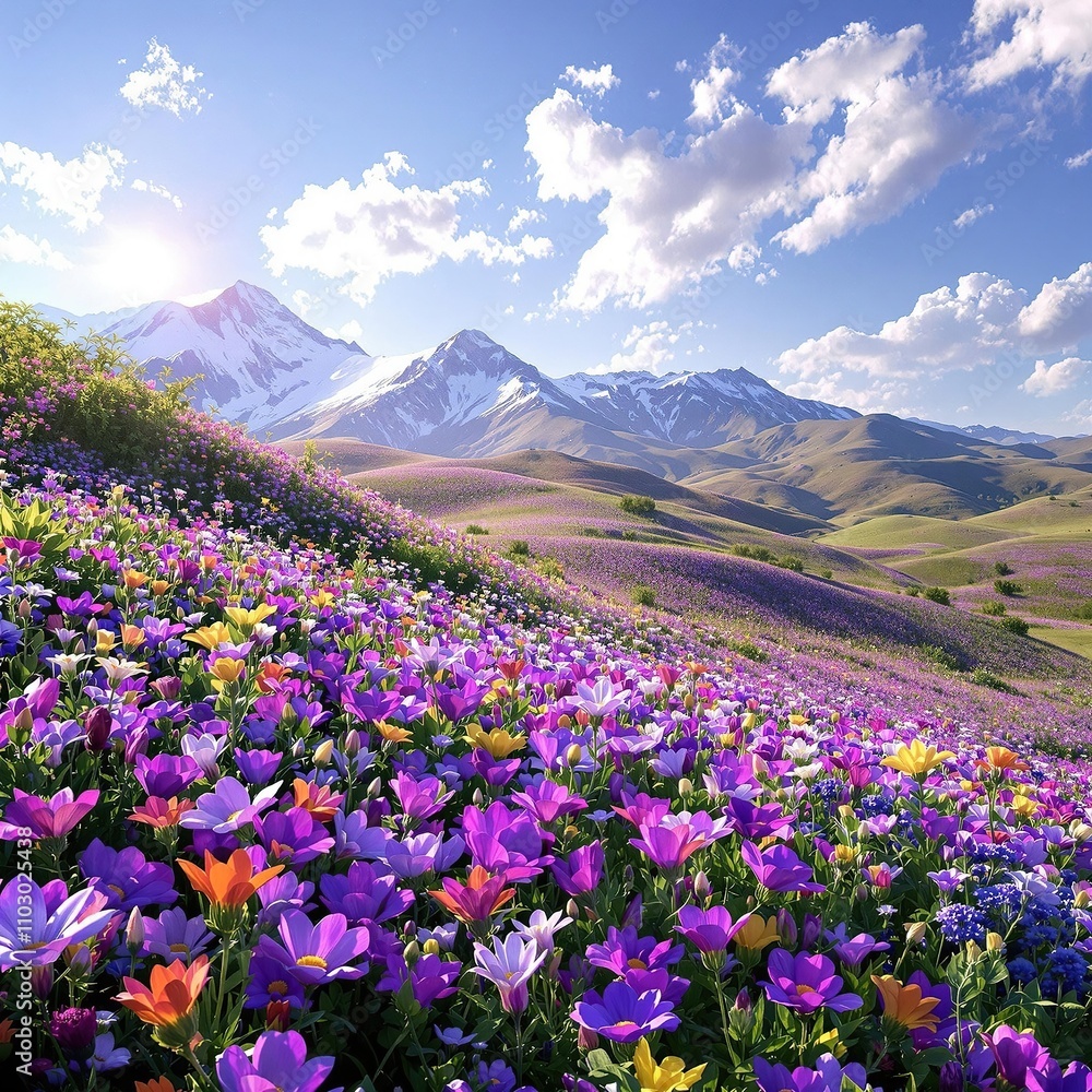 Fototapeta premium Purple flower petals on a soft, grassy hillside or slope with wildflowers, garden scene, springtime scene, blooming flowers, purple flower petals, purple foliage