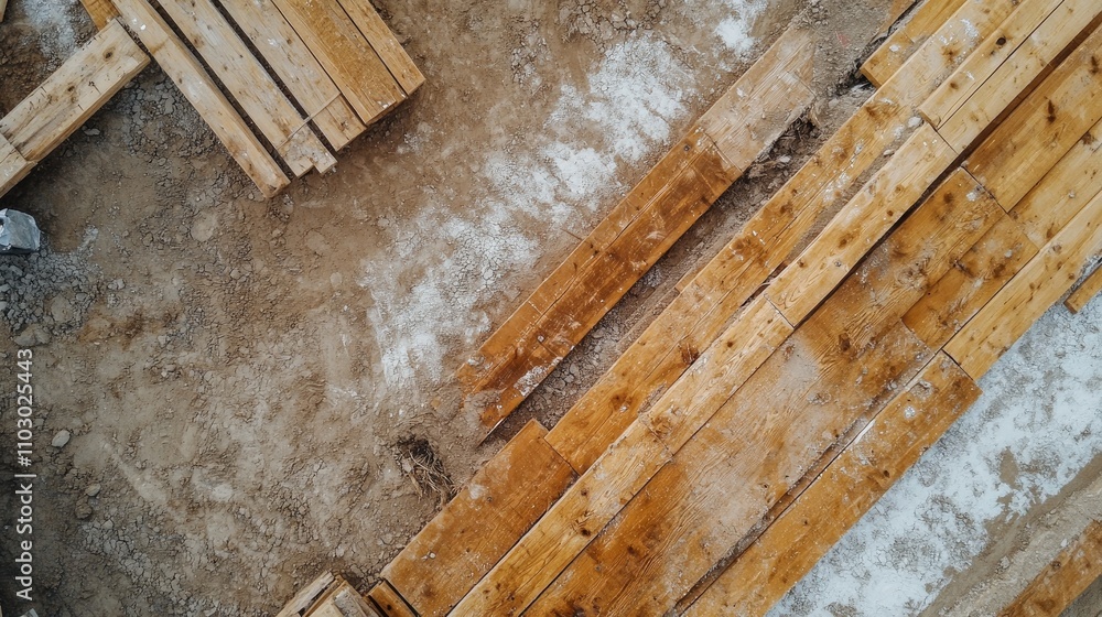 Closeup aerial view of marked wooden boards on a construction site covered in white cement dust and scattered footprints on the ground Closeup aerial view of marked wooden boards on a construction site covered in white cement dust and scattered footprints on the ground
