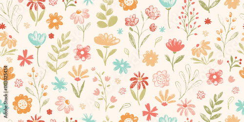 Seamless pattern with flowers. Cute floral simple doodle botanical art. Flowers, leaves, greenery kid style drawings. Crayon pencil vector. Spring, summer childish blosooms. Endlesss, repeat wallpaper