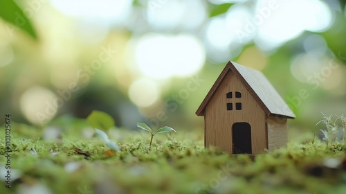 Wallpaper Mural Miniature wooden house on vibrant green grass with a blurred background featuring a serene meadow and soft bokeh effect, creating a dreamy atmosphere. Torontodigital.ca
