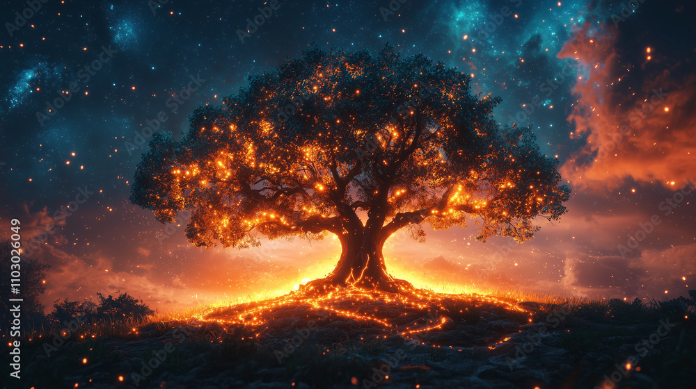 Fototapeta premium Glowing tree emanating fiery light in a cosmic, dreamlike landscape