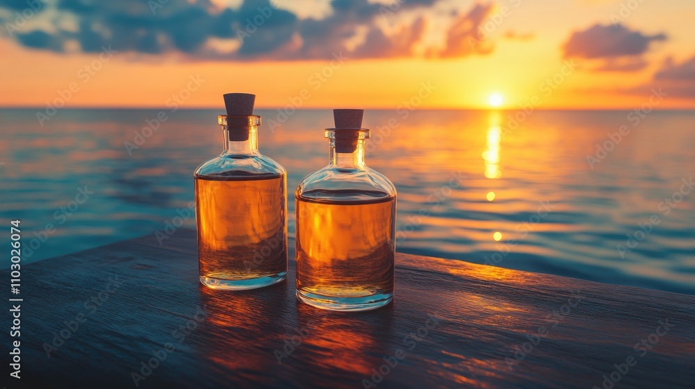 Two glass bottles filled with golden liquid on a wooden table, illuminated by a warm sunset over tranquil waters, creating a serene and inviting atmosphere. Two glass bottles filled with golden liquid on a wooden table, illuminated by a warm sunset over tranquil waters, creating a serene and inviting atmosphere.