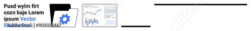 Folder with gear icon beside graph on computer monitor and document icon. Ideal for data management, analytics, business reports, software, technology, digital marketing, project management. Landing