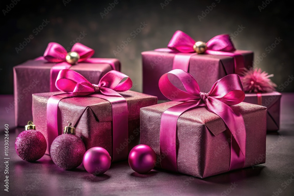 Low Light Pink Christmas Gifts Photography: Festive Presents, Holiday Decor, Dark Background Low Light Pink Christmas Gifts Photography: Festive Presents, Holiday Decor, Dark Background