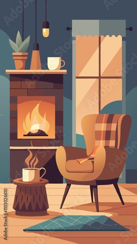A cozy living room with a fireplace and a chair