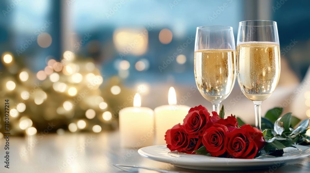 Romantic Champagne Glasses with Red Roses on a Festive Table Setting for a Luxurious Special Occasion or Romantic Champagne Glasses with Red Roses on a Festive Table Setting for a Luxurious Special Occasion or
