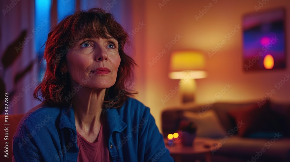 Thoughtful Woman in Cozy Indoor Environment with Warm Lighting Contemplating Life, Emotions, or Creativity in a Stylish Living Room at Night Thoughtful Woman in Cozy Indoor Environment with Warm Lighting Contemplating Life, Emotions, or Creativity in a Stylish Living Room at Night