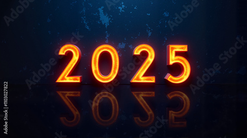 Orange glowing "2025" text on a dark reflective background with a soft glow