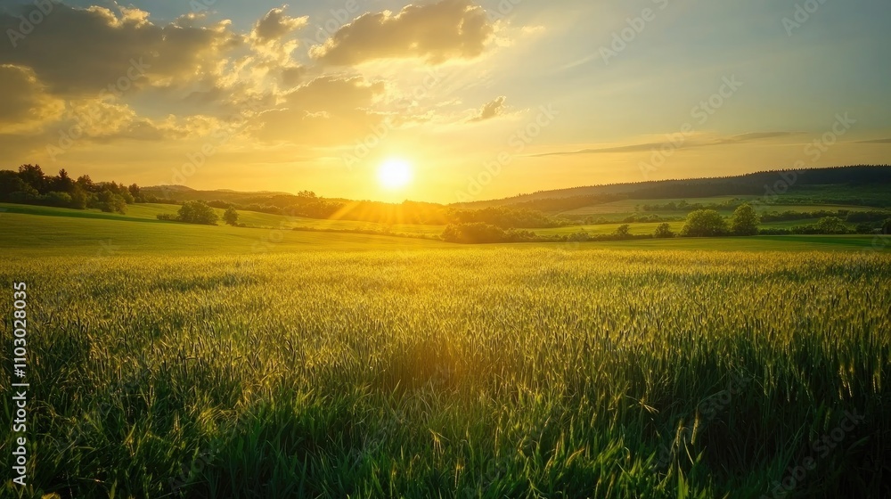 Golden Sunrise Illuminating Lush Green Field with Soft Rolling Hills and Peaceful Sky in a Serene Natural Landscape Golden Sunrise Illuminating Lush Green Field with Soft Rolling Hills and Peaceful Sky in a Serene Natural Landscape