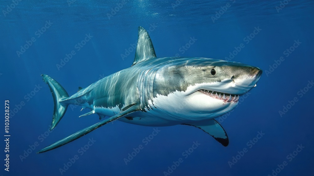 Great white shark swimming gracefully in deep blue waters, showcasing its powerful body and sharp teeth in a natural marine habitat. Great white shark swimming gracefully in deep blue waters, showcasing its powerful body and sharp teeth in a natural marine habitat.