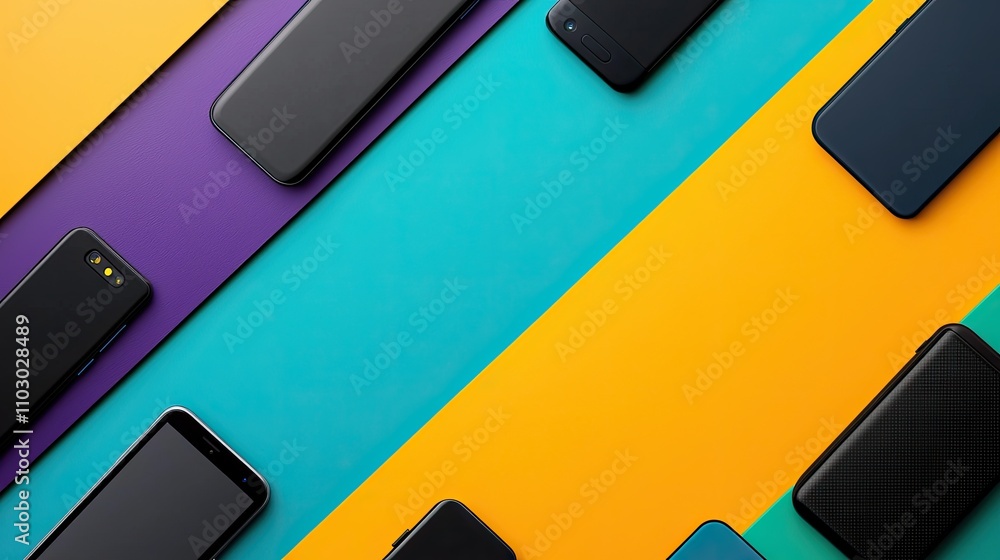 A vibrant arrangement of smartphones on colorful backgrounds, showcasing modern technology and design. A vibrant arrangement of smartphones on colorful backgrounds, showcasing modern technology and design.