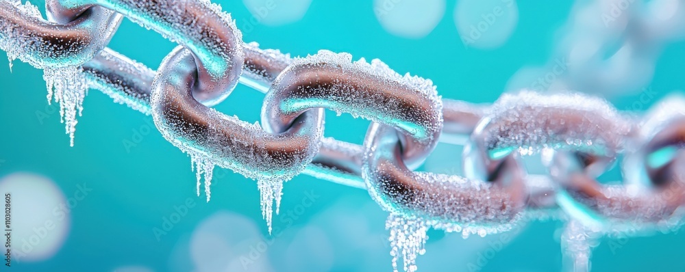 Naklejka premium A close-up of a frozen chain, covered in ice crystals, set against a blurred blue background.