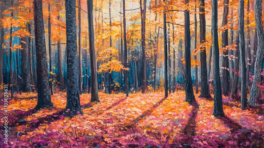 Enchanting Autumn Forest A Vibrant Oil Painting of Golden and Crimson Hues Enchanting Autumn Forest A Vibrant Oil Painting of Golden and Crimson Hues