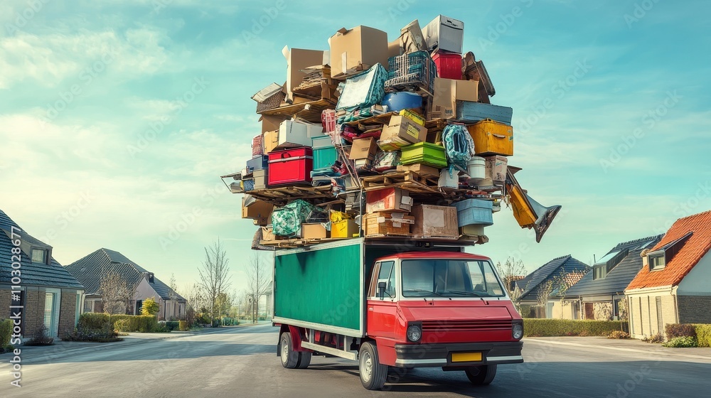 Naklejka premium Colorful moving truck overloaded with various boxes, furniture, and household items navigating a sunny neighborhood street in a vibrant urban setting