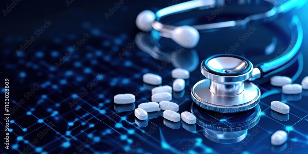 A stethoscope and white pills are displayed on a digital background, symbolizing healthcare, technology, and modern medicine. A stethoscope and white pills are displayed on a digital background, symbolizing healthcare, technology, and modern medicine.